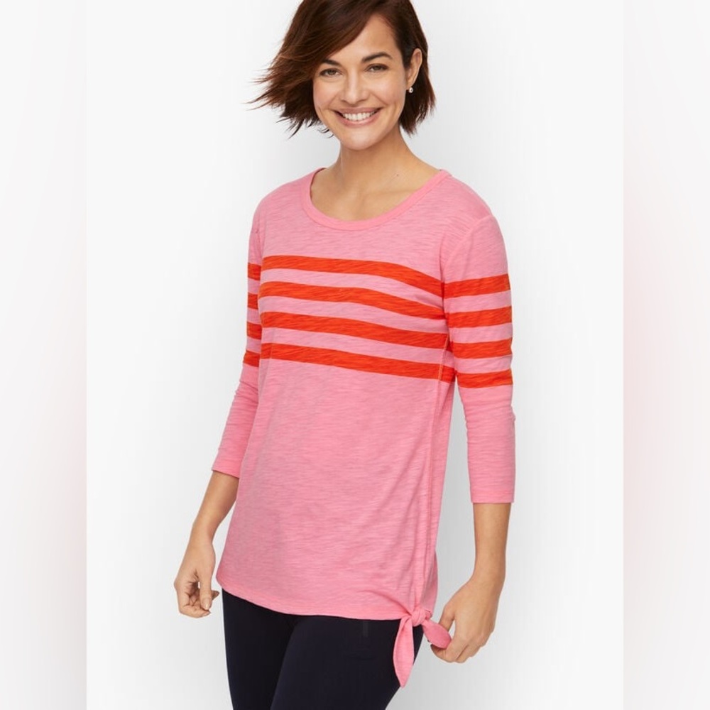 Talbots Petite Quarter Sleeve Calm Pink Stripe Side Tie Slub Top